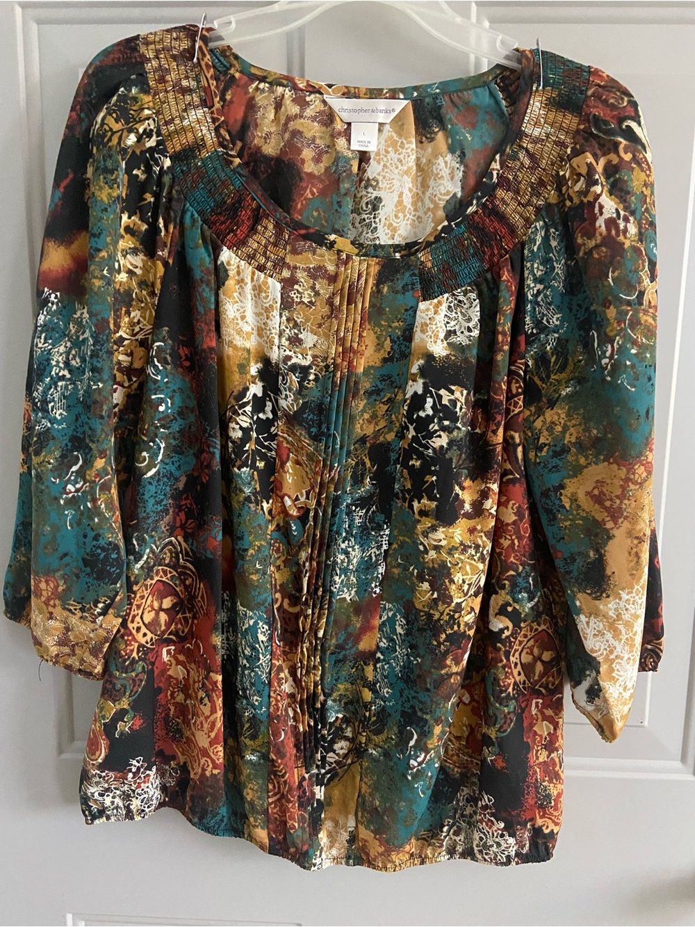 Christopher & Banks Teal Multi-Print Smocked Scoop-Neck Blouse